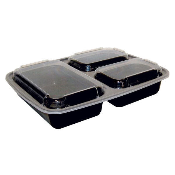 A close-up of a black Pactiv plastic container with three compartments and a clear plastic lid.