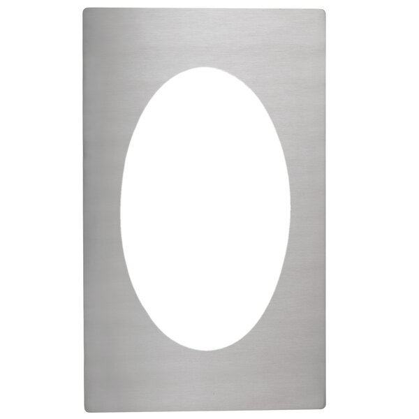 A silver rectangular adapter plate with a white oval opening.