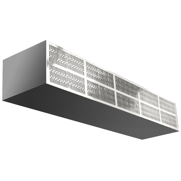 A long grey metal rectangular air curtain with holes in the surface.