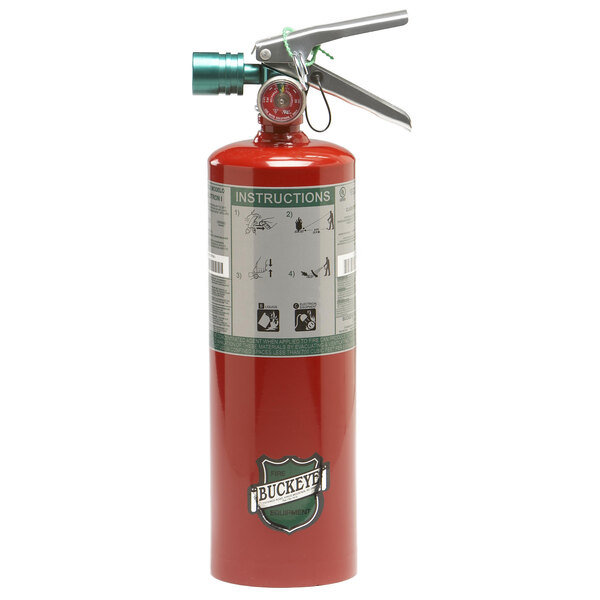 A red Buckeye fire extinguisher with a green handle.