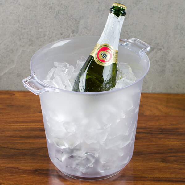 A Fineline disposable plastic wine / champagne chiller filled with ice and a bottle of champagne.