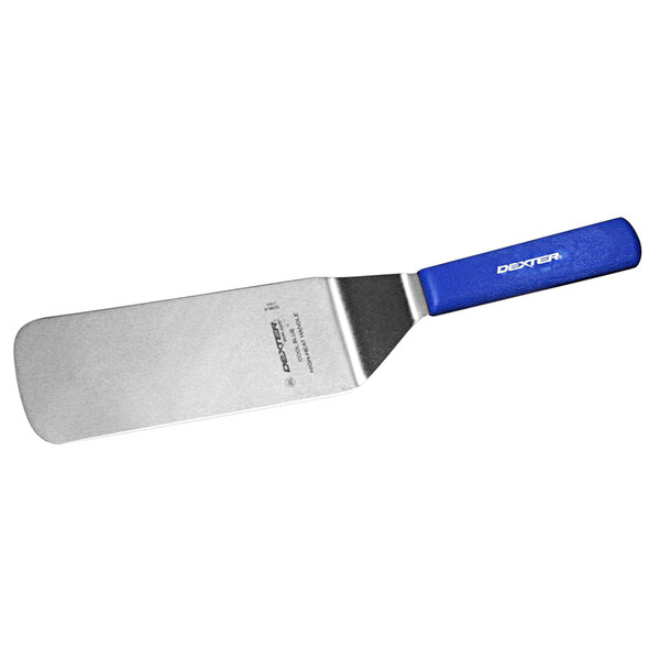 A Dexter-Russell Sani-Safe blue and silver grill turner with a blue handle.