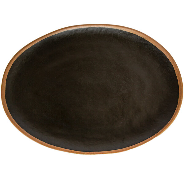 A black oval melamine platter with a brown rim.