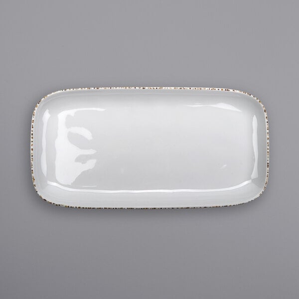 A white rectangular melamine tray with gold speckled trim.
