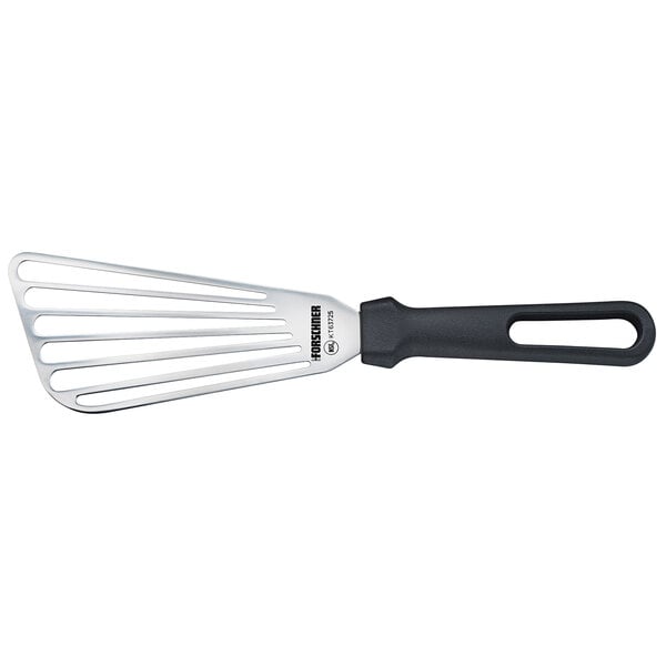 A Victorinox slotted fish and egg turner with a black handle and silver blade.