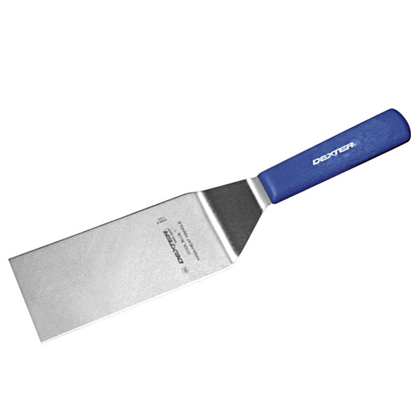A Dexter-Russell Sani-Safe blue and silver square edge solid turner with a blue handle.