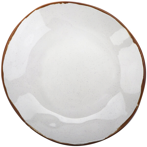 A close-up of a white GET Rustic Mill melamine bowl with a brown rim.