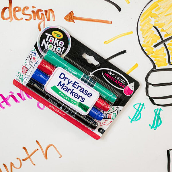 A close-up of a package of Crayola Take Note dry erase markers.
