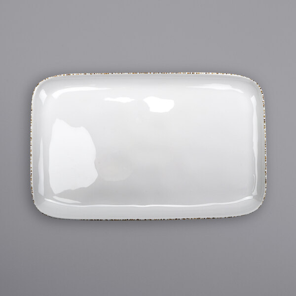 A white rectangular melamine tray with a gold border.