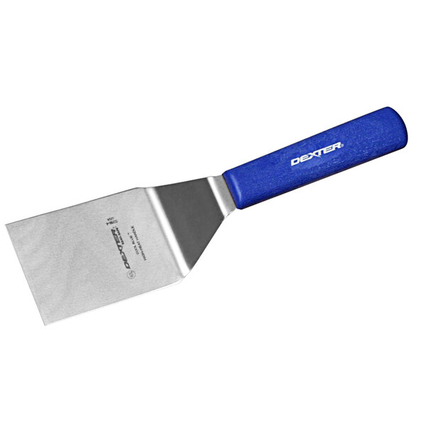 A Dexter-Russell Sani-Safe blue square edge hamburger turner with a white handle.