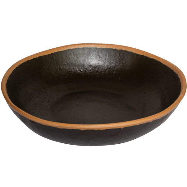 A black melamine bowl with a brown rim.