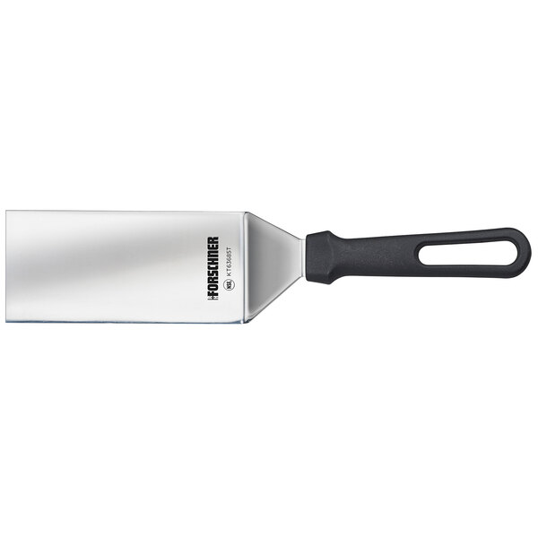 A Victorinox stainless steel square edge turner with a black handle.