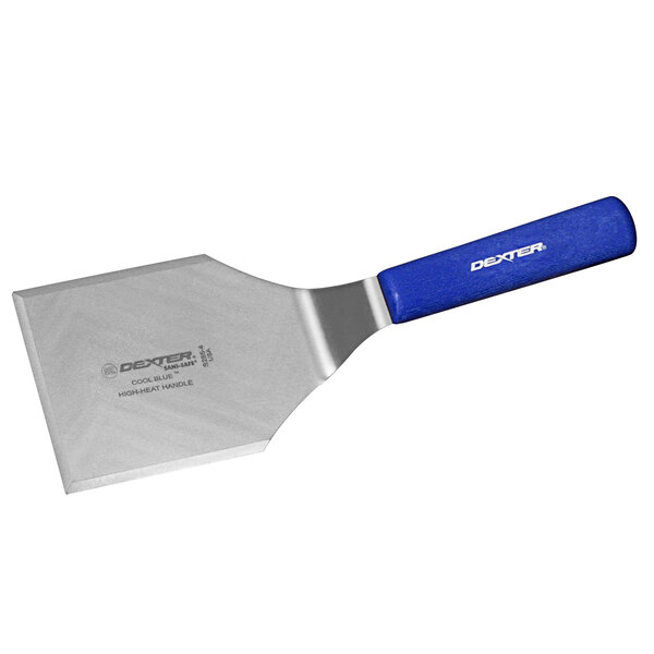 A Dexter-Russell Cool Blue Hamburger Turner with a silver beveled edge and blue handle.