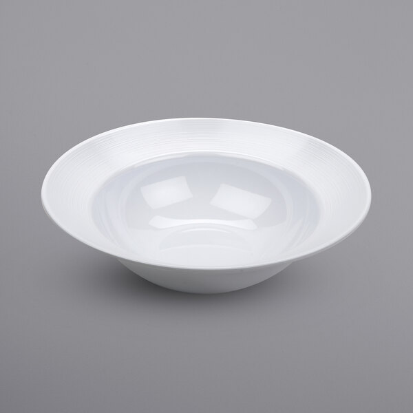 A white Minski melamine bowl with a wide rim.