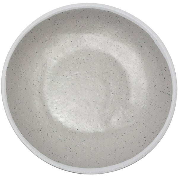 A glazed grey melamine plate with white trim.
