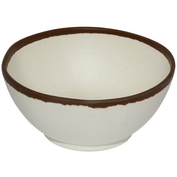 A white melamine bowl with brown trim.