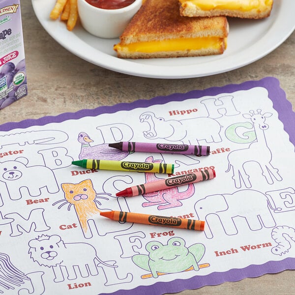 A plate with a grilled cheese sandwich, a pink crayon, and Crayola Classic Crayons on it.