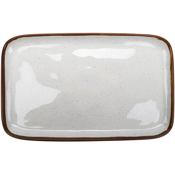 A white rectangular tray with a brown wood rim.