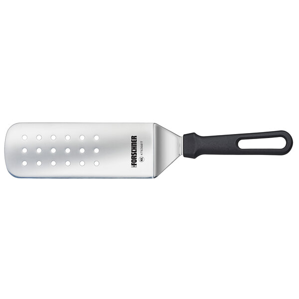 A Victorinox stainless steel perforated turner with a black handle.