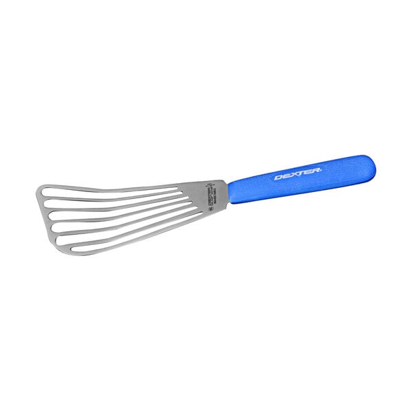 A Dexter-Russell blue slotted fish/egg turner with a blue handle.
