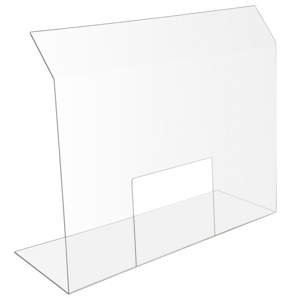 A clear plastic portable safety shield with a point of sale window on a white surface.