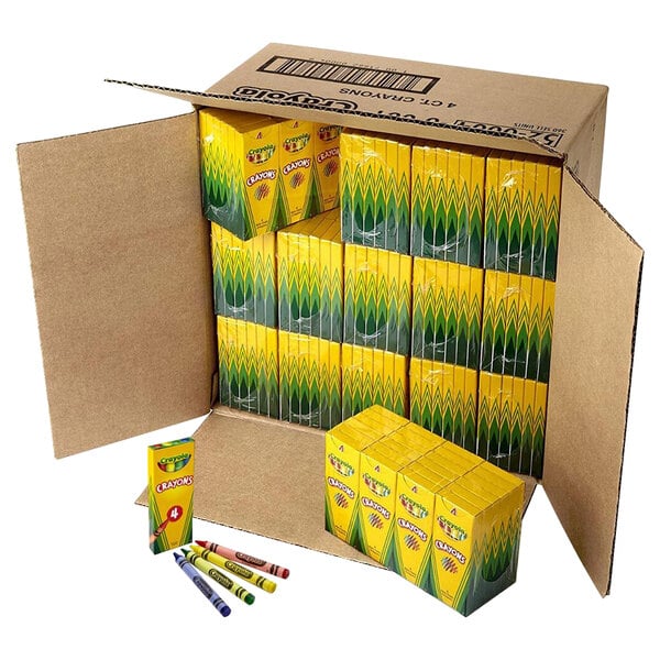 A yellow and green Crayola cardboard box containing 4 assorted crayons.