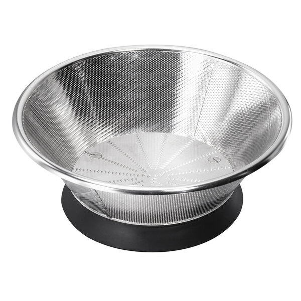 A Hamilton Beach stainless steel strainer basket with a black base.