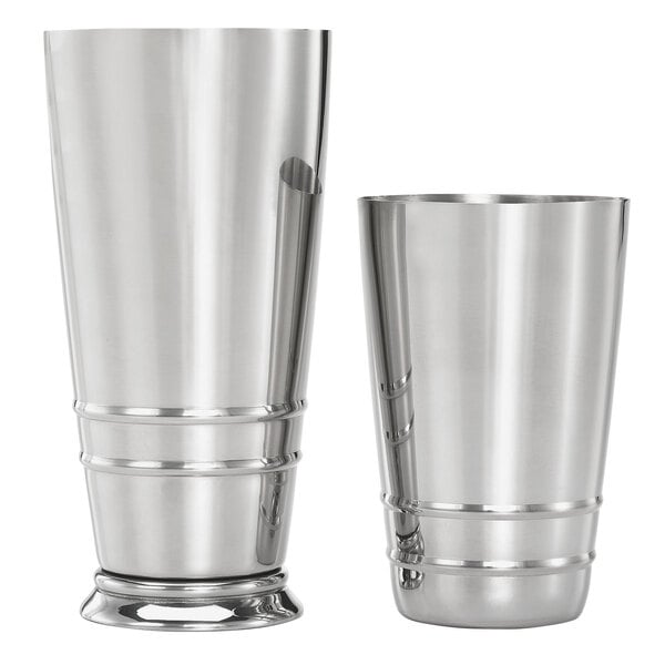 A pair of stainless steel Barfly cocktail shaker tins.