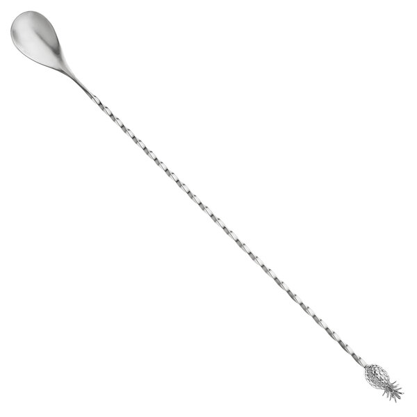A Barfly stainless steel bar spoon with a long handle and a pineapple end.