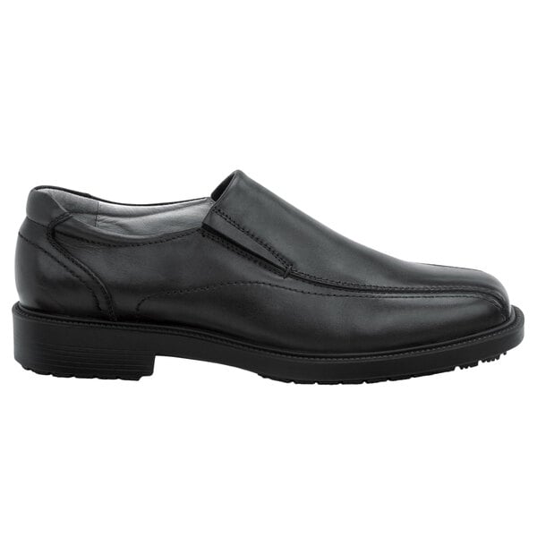 A black leather SR Max men's slip-on dress shoe with a thin rubber sole.