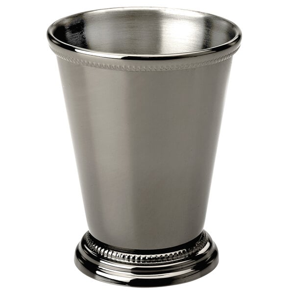 A black metal cup with a round rim and beaded trim.