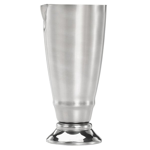 A Barfly stainless steel jigger with a spout on a white background.