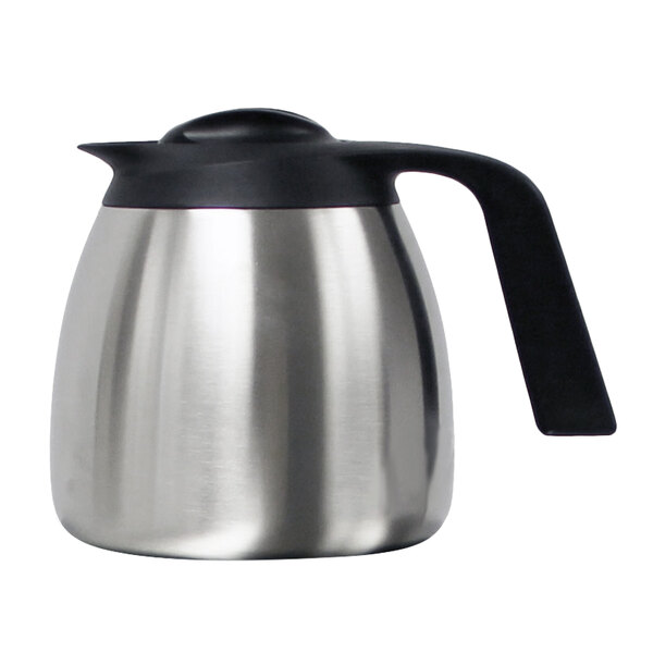 A silver stainless steel Fetco coffee pot with a black handle.