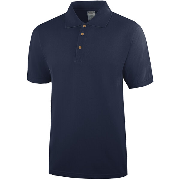 A navy Henry Segal polo shirt with wood buttons.
