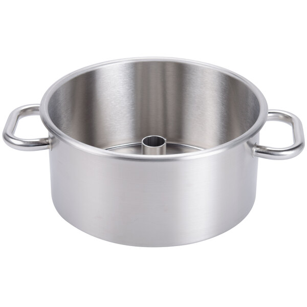 A silver stainless steel bowl with handles.