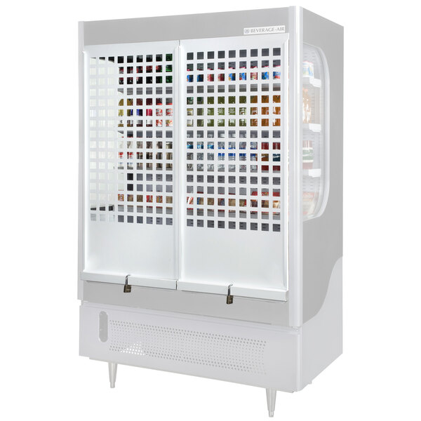 A white Beverage-Air security cage and lock assembly on a cooler door.