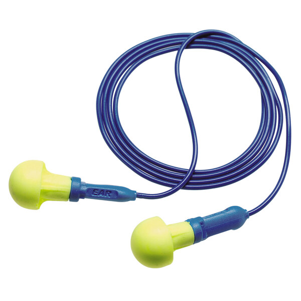 3M E-A-R Push-Ins earplugs with yellow and blue cords.