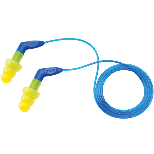 A pack of 100 3M UltraFit blue and yellow corded earplugs.
