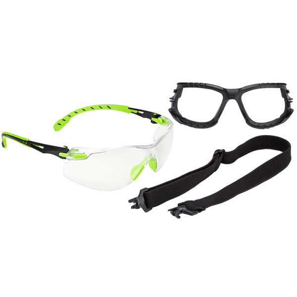 3M Solus safety glasses kit with a black strap and green and black frame with clear lens.
