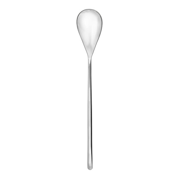 A close-up of a Fortessa stainless steel silver serving spoon with a long handle.