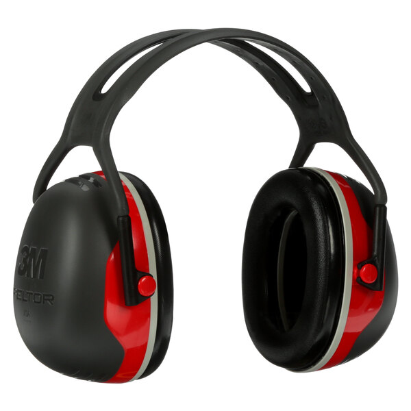 A pair of black and red 3M PELTOR X3 over-the-head ear muffs.