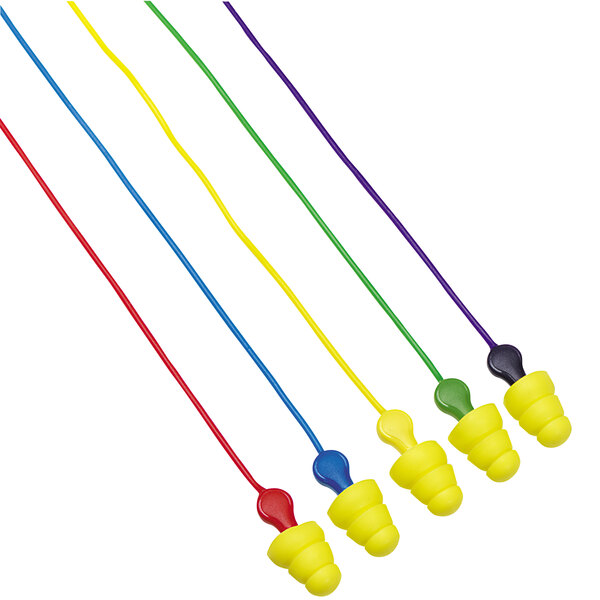 A group of 3M UltraFit Plus assorted corded earplugs in different colors.
