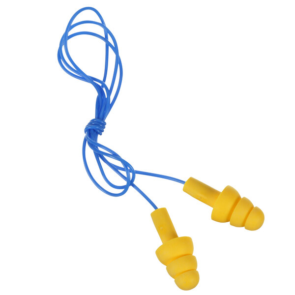 A close-up of a pair of yellow 3M UltraFit earplugs with blue cords.