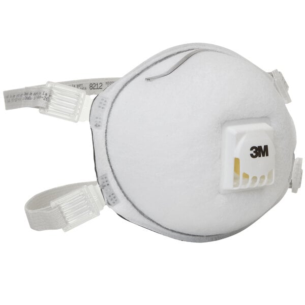A 3M white N95 face mask with a white strap.