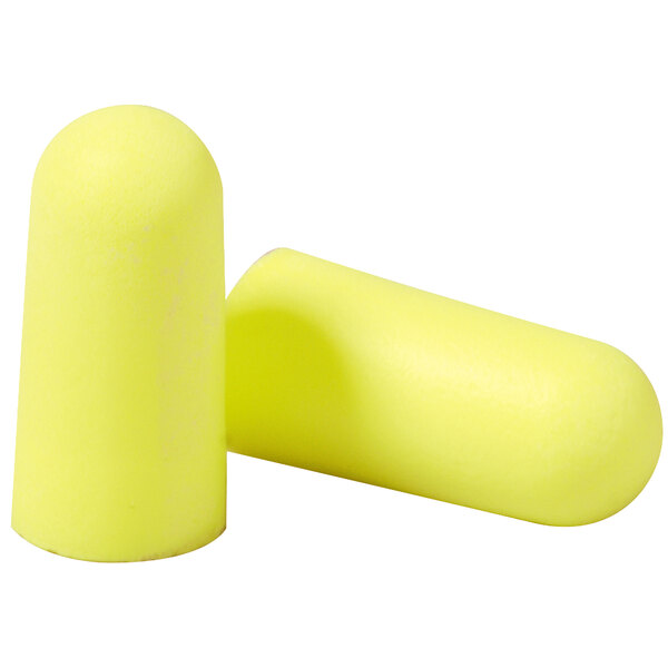 A close-up of a pair of yellow 3M E-A-Rsoft foam earplugs.