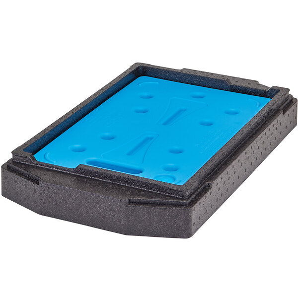 A black and blue plastic container with a blue plastic tray inside.