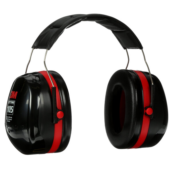 A pair of black and red 3M PELTOR Optime 105 over-the-head ear muffs.