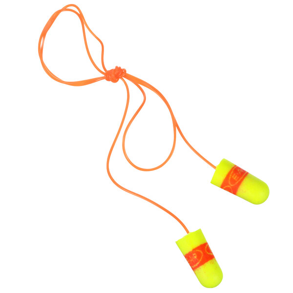 3M E-A-Rsoft SuperFit yellow and orange corded foam earplugs on a string