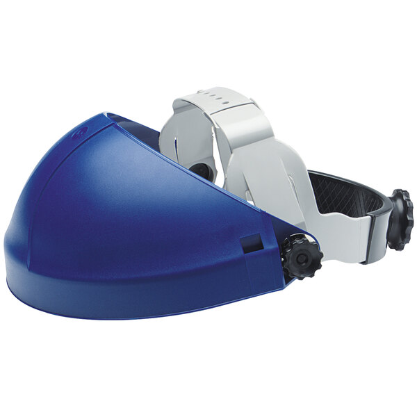 3M blue thermoplastic ratchet headgear with a white strap.