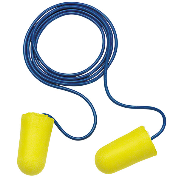 A pair of yellow 3M E-A-R TaperFit earplugs with a blue cord.